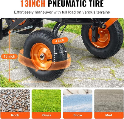 VEVOR 1500lbs Poly Garden Dump Cart Wheelbarrow Wagon with 2 in 1 Convertible Handle, Heavy Duty Yard Cart Wagon for with 13in All Terrain Wheels, Dump Trailer Tow Behind for Lawn Mower Tractor