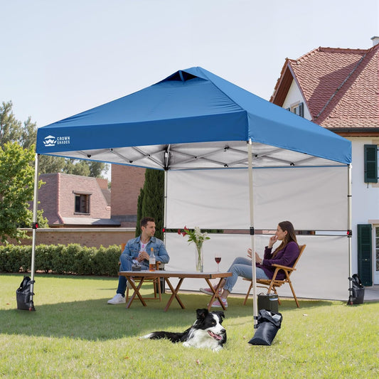 CROWN SHADES Canopy Tent, 10 x 10 Foot Portable Pop Up Outdoor Shelter with 2 Half Sidewalls, 1 Push Center Lock, UV Protection, and Carry Bag, Blue