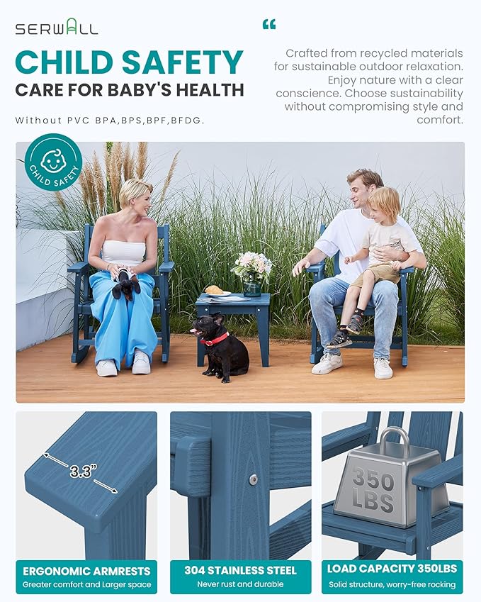 SERWALL Outdoor Rocking Bistro Set, HDPE Patio Furniture Set, Porch Rocking Chair Set with Table for Backyard, Balcony, and Garden- Blue
