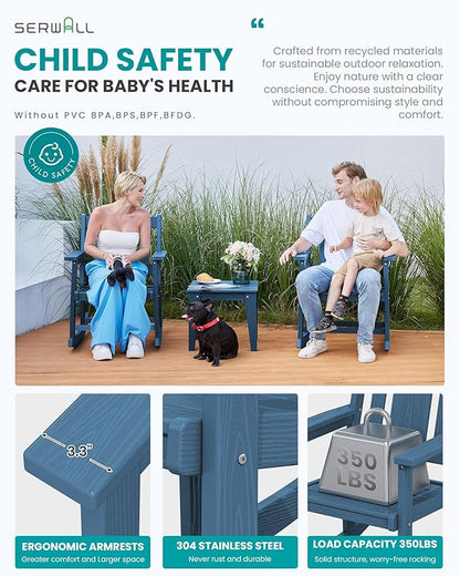 SERWALL Outdoor Rocking Bistro Set, HDPE Patio Furniture Set, Porch Rocking Chair Set with Table for Backyard, Balcony, and Garden- Blue