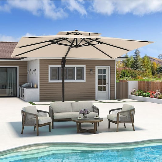 10x13 FT Cantilever Patio Umbrella Double Top Outdoor Rectangular Large Heavy Duty Aluminum Offset Umbrellas with 7 Level Tilt 360-degree Rotation for Pool Garden Deck, Beige