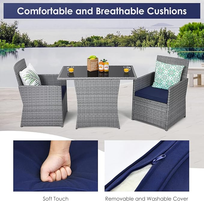 HAPPYGRILL 3PCS Outdoor Wicker Bistro Set Space-Saving PE Rattan Dining Table Set with Cushioned Chairs, Patio Conversation Set for Backyard Porch Garden and Poolside