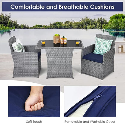 HAPPYGRILL 3PCS Outdoor Wicker Bistro Set Space-Saving PE Rattan Dining Table Set with Cushioned Chairs, Patio Conversation Set for Backyard Porch Garden and Poolside