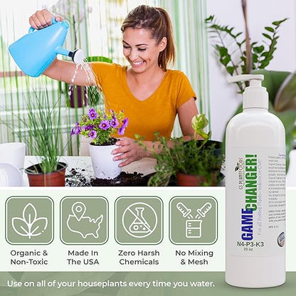 GS Plant Foods Game Changer All-Purpose Essentials - 100% Plant-Based Organic Fertilizer for Indoor or Outdoor Container Grown Plants, NPK 4-3-3, Liquid Formula for Houseplants, 20 Ounces