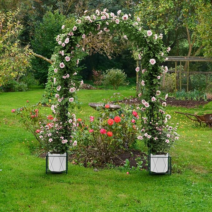 Garden Arch Trellis for Climbing Plants, 8.2 Ft Metal Pergola Arbor with Planter Boxes Outdoor Archway Wedding Arch Backdrop Stand for Halloween Christmas Birthday Party Baby Shower Decoration, Green