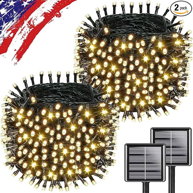 Upgrade 2Pack 500LED Solar String Lights for Outside, 180FT Solar Christmas String Lights Outdoor with 8 Modes, IP65 Waterproof Outdoor Twinkle Light, Garden Xmas Tree Christmas Decoration, Warm White