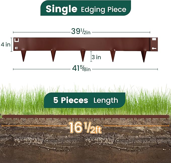 5 Pack Metal Landscape Edging, 42”L x 7”H Brown Bendable Steel Lawn Garden Edging Border, No Dig Edging for Landscaping Yard Pathway (16.5 Ft Total)