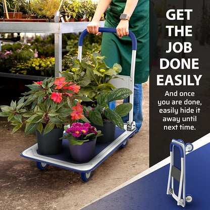 Heavy Duty Foldable Push Cart Dolly | 330 lbs. Capacity | Upgraded Collapsible Hand Truck Folding Platform with Swivel Wheels | Flat Bed Moving Wagon | Space Saving Push Handle (Blue)