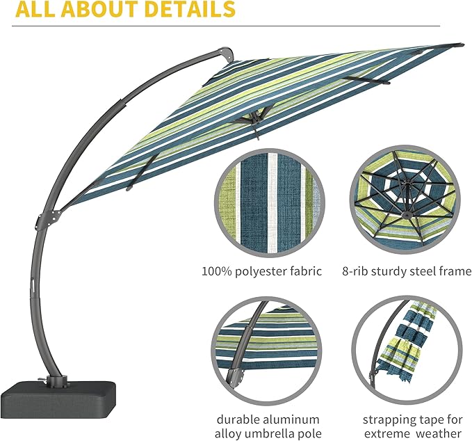 Kingdura 12ft Offset Cantilever Patio Umbrella with Base Included, Large Round Aluminum Outdoor Umbrella, 360° Rotation & Infinite Tilt, Heavy Duty Frame for Deck Pool Backyard, Green Stripe