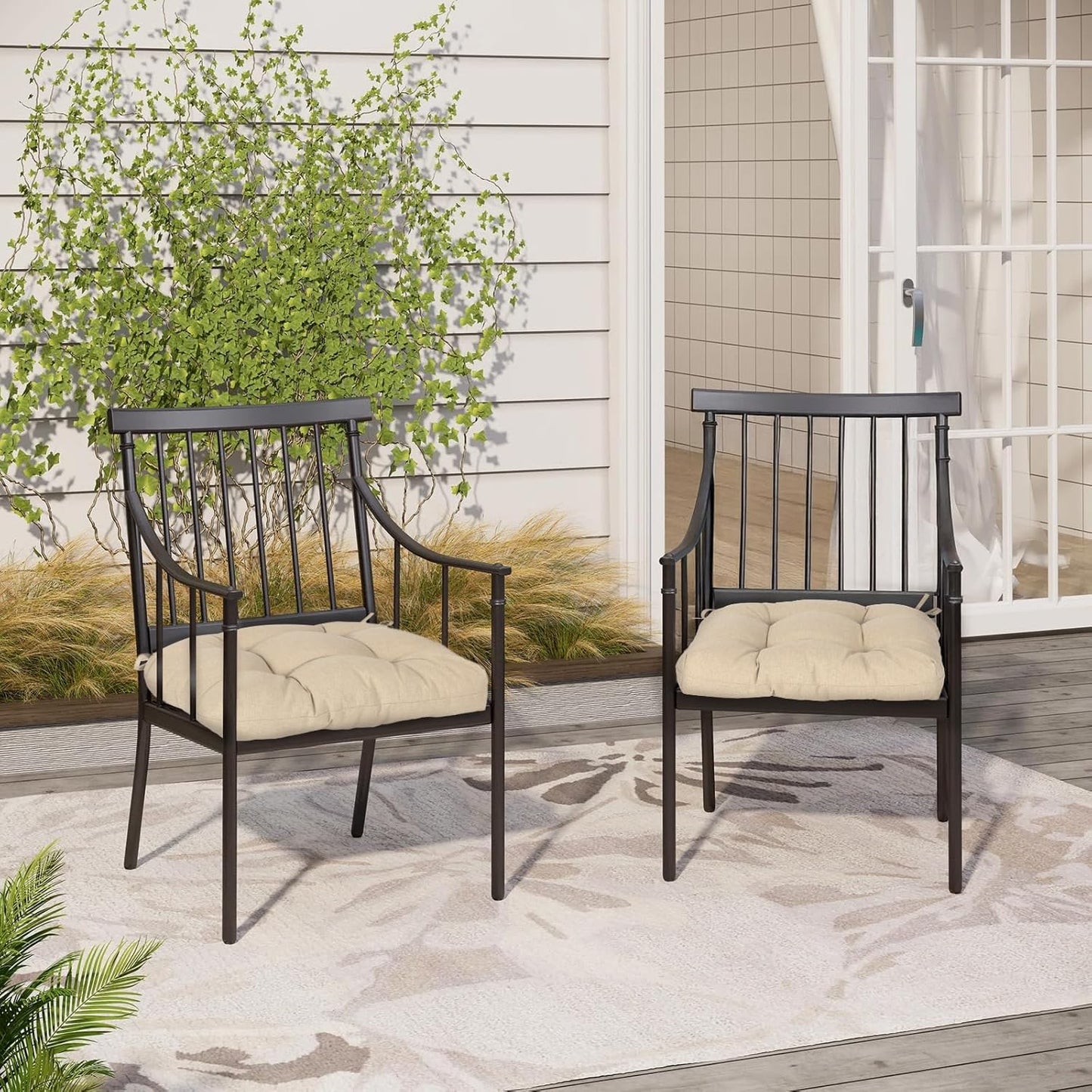 Aoodor 19" x 19" x 5" Tufted Outdoor Chair Cushions, Water Resistant & Fade Resistant Polyester Dining Chair Pads with 2 Straps for Patio Furniture, Set of 2