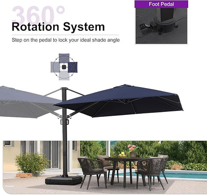 PURPLE LEAF 10 FT Cantilever Umbrella with Base Square Large Aluminum Outdoor Offset Patio Umbrella with 360° Rotation for Pool Garden Deck Backyard Navy Blue