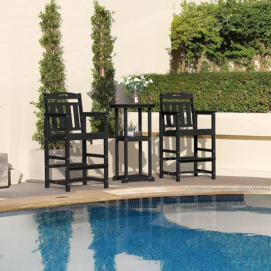 HDPE Outdoor Patio Bar Set with Bar Height Table and 2 Adirondack Chairs, All-Weather High Top Outside Round Pub Furniture for Bistro, Garden, Backyard, Deck | 3-Pieces, Matte Black