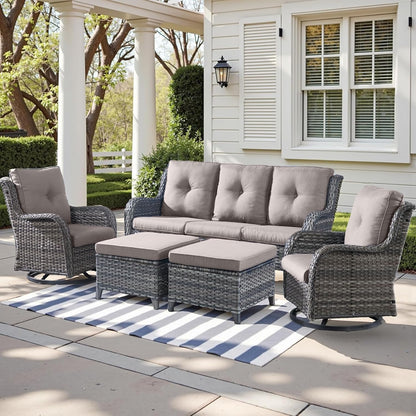 Outdoor Wicker Patio Furniture Set - 5 Piece Rattan Patio Conversation Set with 2 Rocking Swivel Chairs,2 Ottomans and 1 Sofa for Porch Deck Backyard Garden(Mixed Grey/Grey)