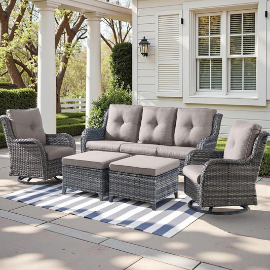Outdoor Wicker Patio Furniture Set - 5 Piece Rattan Patio Conversation Set with 2 Rocking Swivel Chairs,2 Ottomans and 1 Sofa for Porch Deck Backyard Garden(Mixed Grey/Grey)