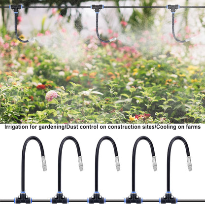 Mornajina 5Packs Brass Misting Nozzles Tee with 12inch Built in Hose for Outdoor Cooling System, Adjustable 360° Rotation, Water Mister Nozzles Thread Sprayer 0.043" (1.1 mm)
