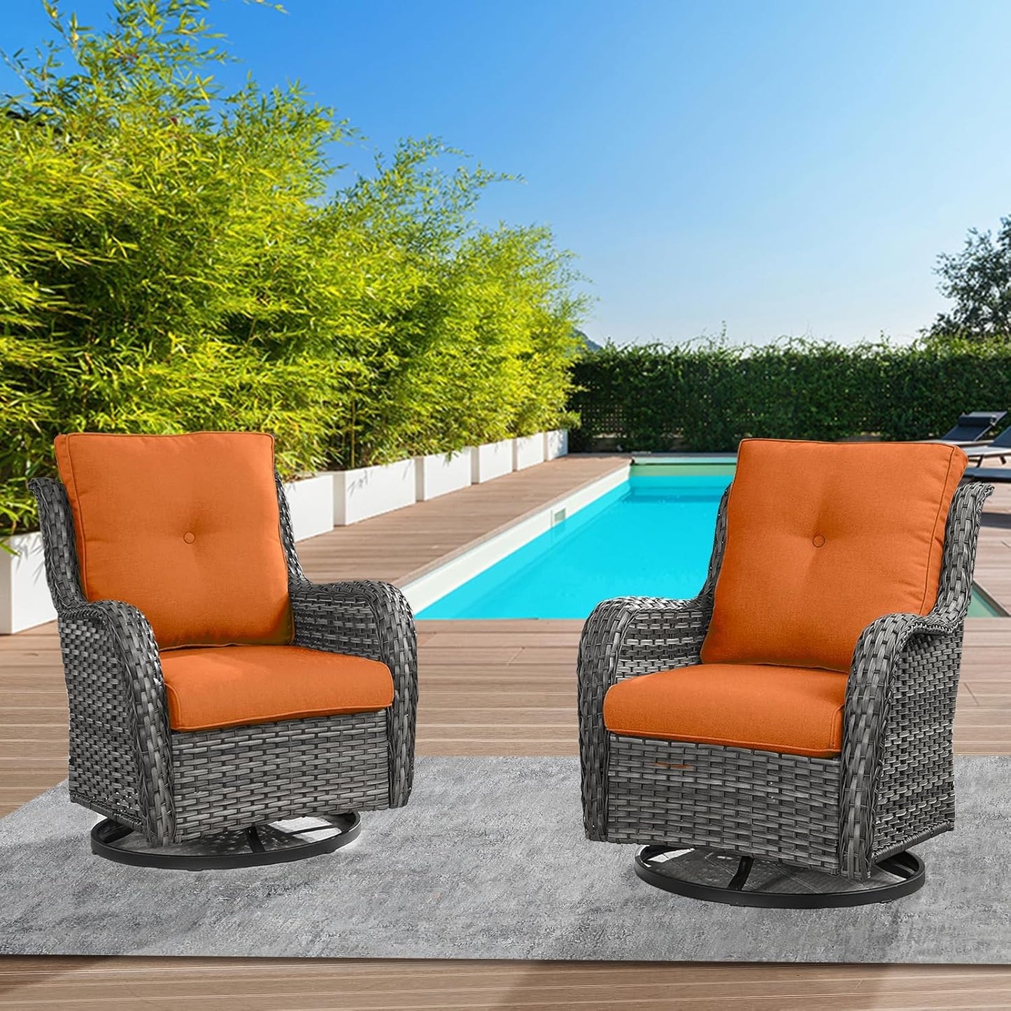 Outdoor Swivel Rcoker Wicker Chairs - Swivel Patio Chairs Set of 2 Patio Furniture Sets with Covered Cushion for Porch Deck Balcony Backyard, Orange Cushion