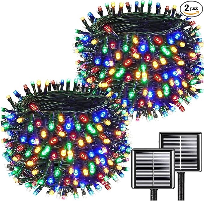 Upgrade 2Pack 200LED Solar String Lights for Outside, 66FT Solar Christmas String Lights Outdoor with 8 Modes, IP65 Waterproof Outdoor Twinkle Light, Garden Xmas Tree Christmas Decoration, Multicolor