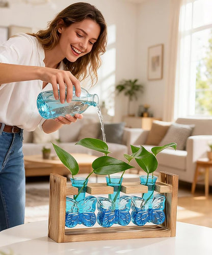 Nacome Butterfly Vase Propagation Stations: Glass Plant Terrarium with Wooden Stand for Home Office Desk Decor, Unique Gifts for Plant Lovers Women Mom (Blue)