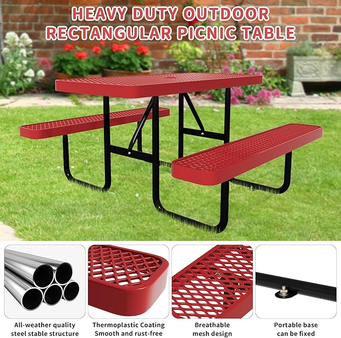 72'' Rectangular Metal Picnic Table for Outdoors,Heavy-Duty Portable Commercial Picnic Tables Bench Set with Umbrella Hole,School Canteen Table W/Seats - Patio Dining Furniture for Patio Garden