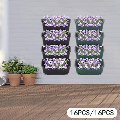 Wall-Mounted Vertical Wall Planter 16 Pack Stackable Wall Planter Indoor Outdoor, Garden Self Watering Wall-Mounted Plastic Planter Plant Flower Pot Holder for Vegetable Fruit Herb