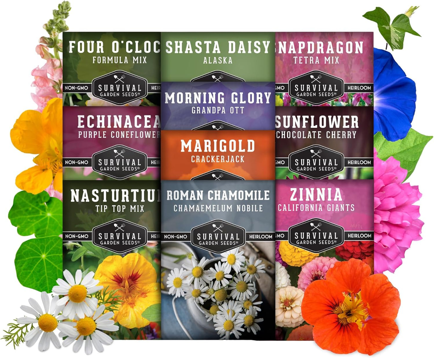 Survival Garden Seeds 10 Flower Collection - Four O’Clock, Chamomile, Shasta Daisy, Purple Coneflower, Marigold, Morning Glory, Nasturtium, Snapdragon, Sunflower, Zinnia - Non-GMO Heirloom Varieties