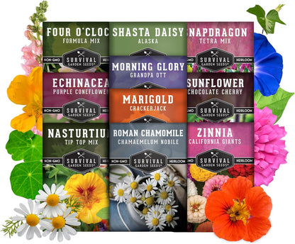 Survival Garden Seeds 10 Flower Collection - Four O’Clock, Chamomile, Shasta Daisy, Purple Coneflower, Marigold, Morning Glory, Nasturtium, Snapdragon, Sunflower, Zinnia - Non-GMO Heirloom Varieties