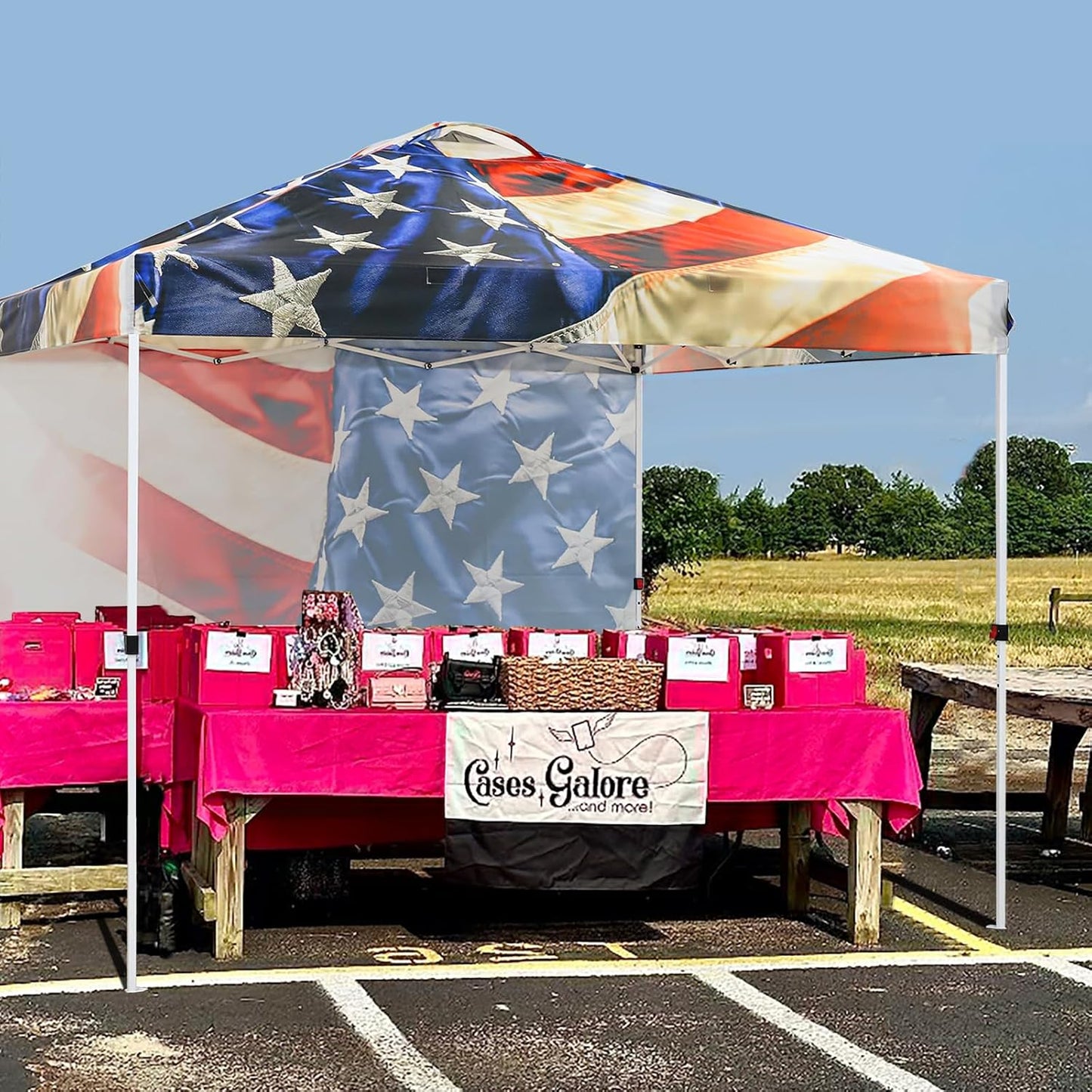 EAGLE PEAK Pop Up Canopy Tent with 1 Sidewall, Easy Setup Event Tent, Outdoor Sun Shade, Wheeled Carry Bag, Stakes and Guy Ropes, Instant Canopy 10x10, Stars and Stripes