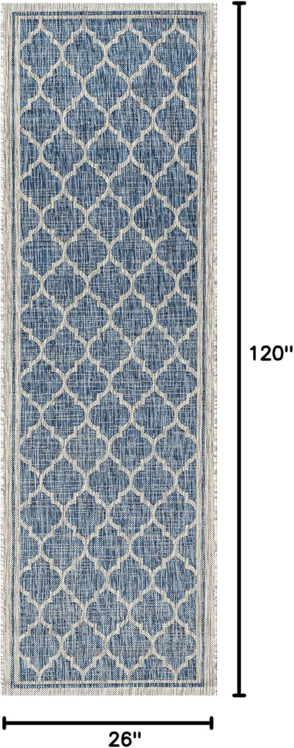 Eyely BMS109D-210 Santa Monica Trebol Moroccan Trellis Textured Weave Indoor/Outdoor Runner Rug Coastal;Bohemian, Bedroom, Backyard, Patio, Easy-Cleaning, Non-Shedding, 2 X 10, Navy/Gray