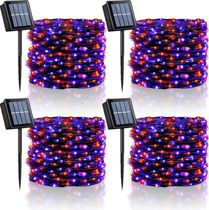 YEGUO Orange and Purple Halloween Lights Outdoor Waterproof, 4 Packs Each 33ft 100 LED Solar Fairy Light,8 Modes Black Wire String Lights