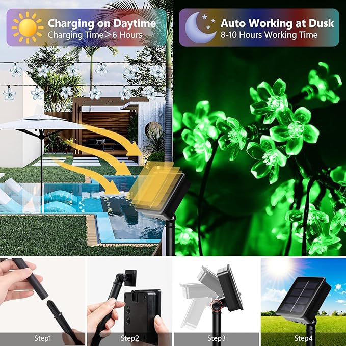 SHANTELE Solar Flower String Lights Outdoor Waterproof 60 LED Fairy Lights for Garden, Fence, Yard, Patio, Lawn, Christmas Tree, Green