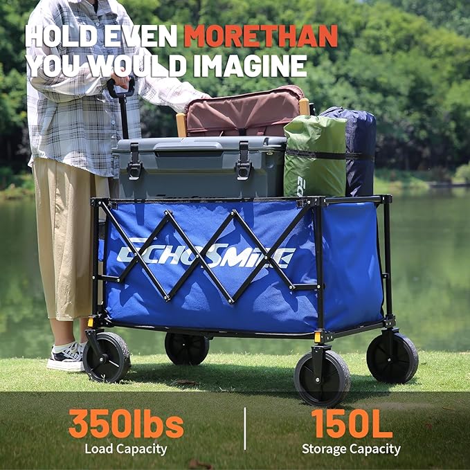 EchoSmile Collapsible Foldable Wagon Cart with 350lbs Weight Capacity, Heavy Duty Folding Utility Sport Wagon with Removeble Wheels for Camping,Grocery,Garden,Beach,Bule