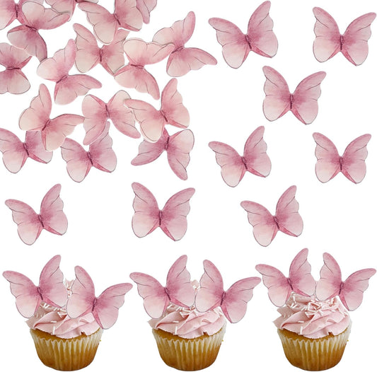Ephlyn 48Pcs Edible Butterfly Cupcake Toppers Cute 3D Butterfly Cake Picks for Butterfly Theme Baby Shower Bridal Shower Boys Girls Birthday Party Cake Decorations Supplies Pink
