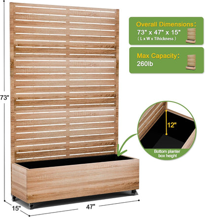 FENCY Metal Raised Garden Bed with Wheels and Trellis,73"x47"x16" Planter Box for Climbing Plants, Vegetables & Vines, Features Privacy Screen and Drainage Holes (Natural Wood Color)