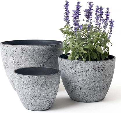 LA JOLIE MUSE 14.2/11.3/8.6 Inch Planters,Set of 3 Indoor/Outdoor Round Planters,Grey Tree Planters,Plant Container with Drain Holes,Flower Pots for Patio and Deck