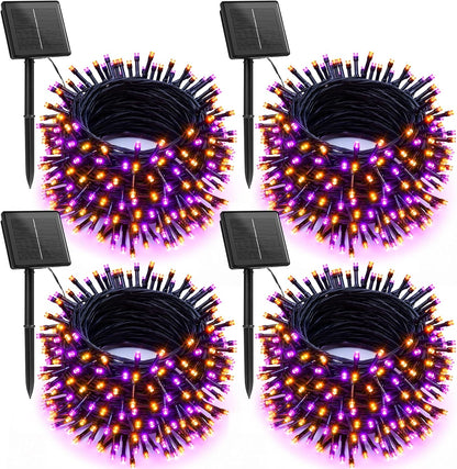 Brightown 4 Pack Solar Halloween String Lights, Total 184FT 480 LED Solar Lights Outdoor Waterproof Black Wire with 8 Modes, Solar Fairy Light for Garden Yard Patio Party Decors, Orange and Purple