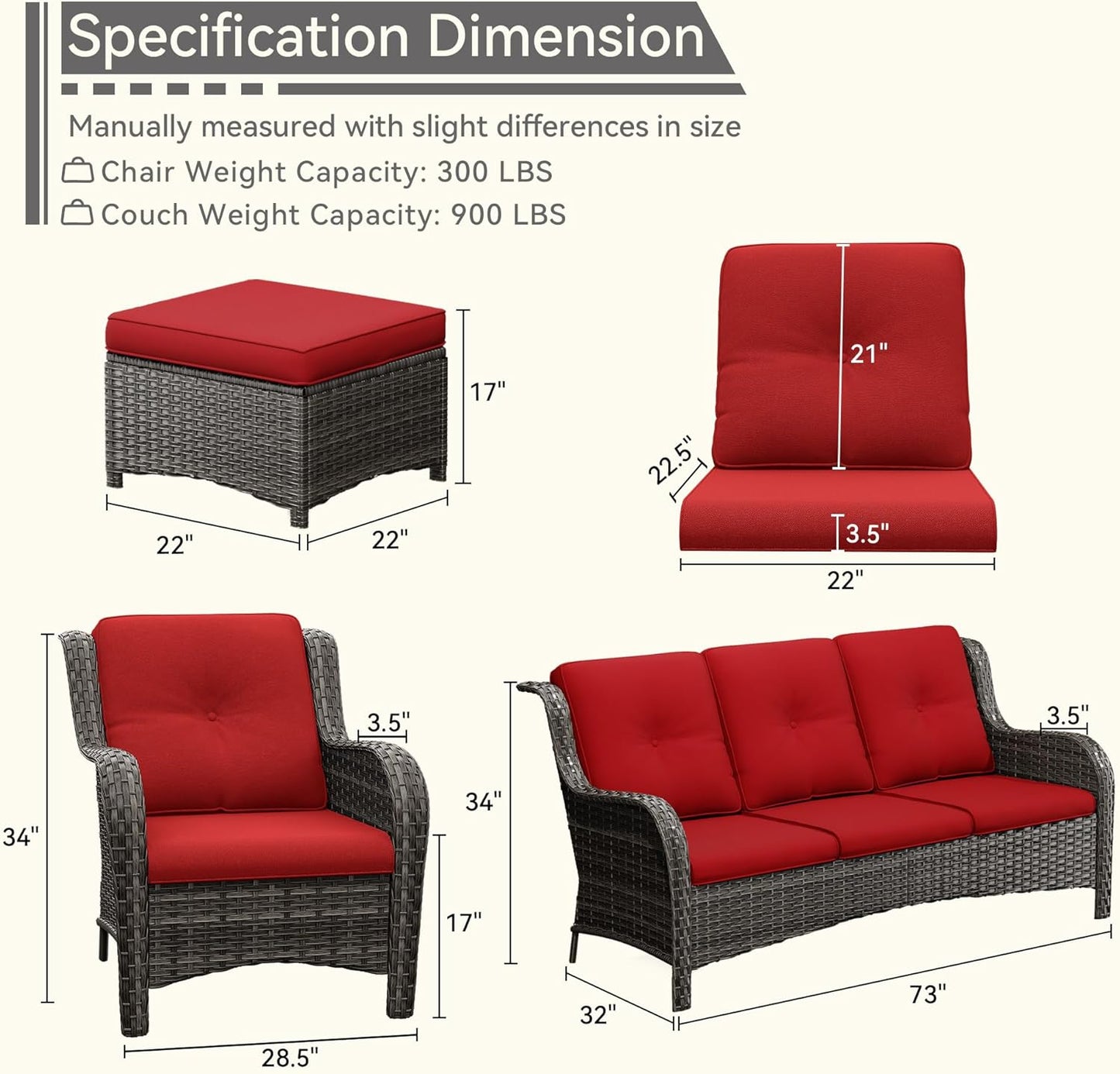 7 Pieces Outdoor Patio Conversation Set, Wicker Furniture Set Includes 3-Seat Sofa, Patio Rattan Dining Chair Set of 4, 2 Ottomans, for Porch, Yard, Mixed Brown Rattan, Red