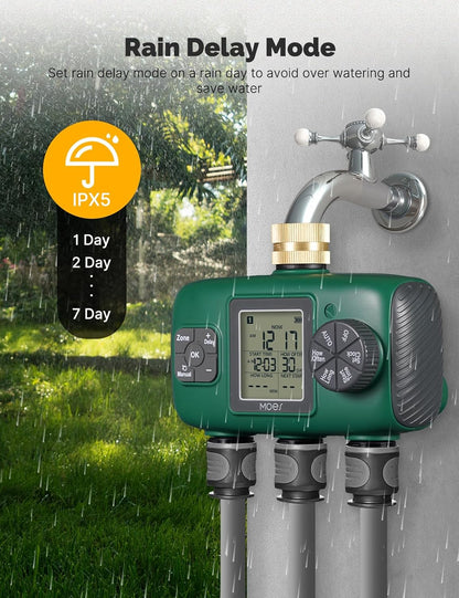 MOES 3 Outlet Sprinkler Timer, Brass Inlet, Programmable Automatic Irrigation Controller, Rain Delay, Manual Watering, 3 Zone Water Hose Timer for Gardens, Lawns, and Hose Systems