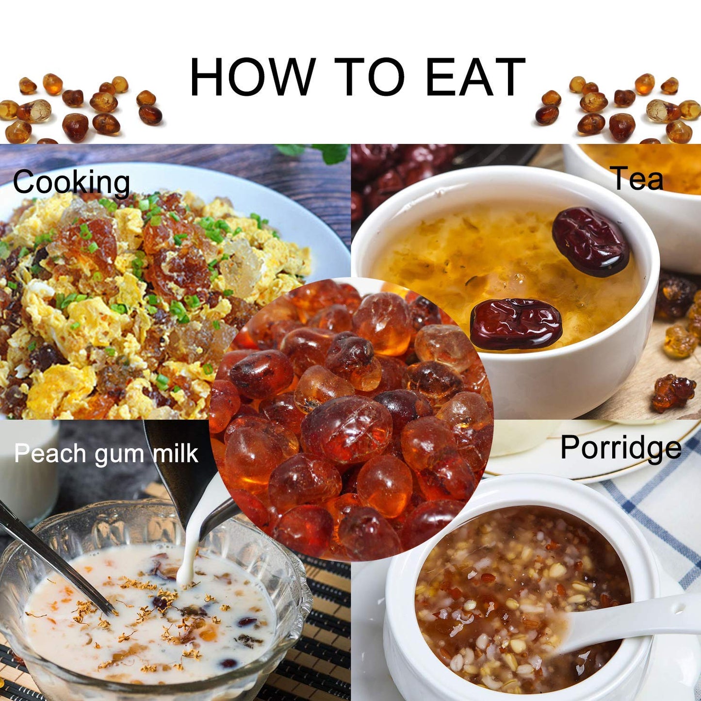 DABC OAK LAND Wild Peach Gum, Snow Swallow, Snow Lotus Seed (Saponified Rice) Beauty, Detox and Dampness Set, 100% Natural Boosting for Skin & Health, Food Additives Free 8OZ each bag, total 24 OZ