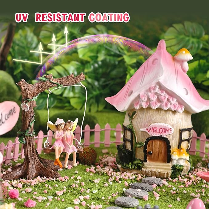 DONABELA Fairy Garden Decor Kit Pink Resin Miniature House Figurines Set Swing Directional Sign Bird Drinking Pool Fence Little Mushroom Outdoor Tiny Accessories Supplies
