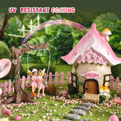 DONABELA Fairy Garden Decor Kit Pink Resin Miniature House Figurines Set Swing Directional Sign Bird Drinking Pool Fence Little Mushroom Outdoor Tiny Accessories Supplies