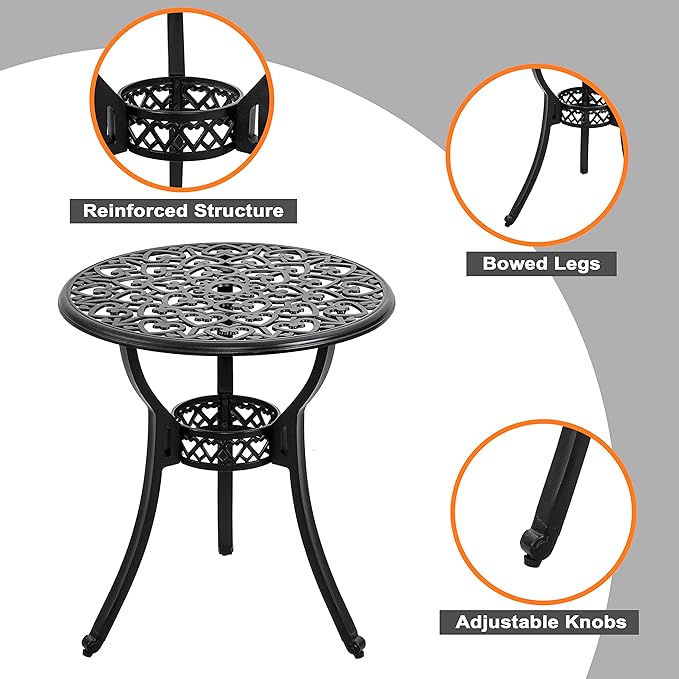 NUU GARDEN 3-Piece Outdoor Bistro Set, Round 24 Inch Cast Aluminum Bistro Table with 2.17" Umbrella Hole and 2 Cast Aluminum Bistro Chairs, for Patio, Garden, Backyard and Balcony, Black
