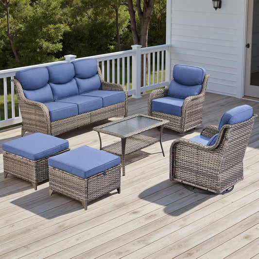 Wicker Outdoor Patio Furniture Set - 6 Piece Patio Conversation Sets with Swivel Rocker Chairs, Ottomans, Sofa and Table, 6 inch Cushions, Deep Seating, for Porch Deck Mixed Grey/Blue