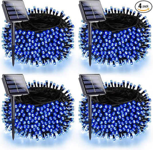 4 Pack 180FT Solar Christmas Lights Outdoor Waterproof, Super Bright 320 LED Solar String Lights with 8 Lighting Modes, Green Wire Twinkle Tree Light for Outside Xmas Party Decorations (Blue)