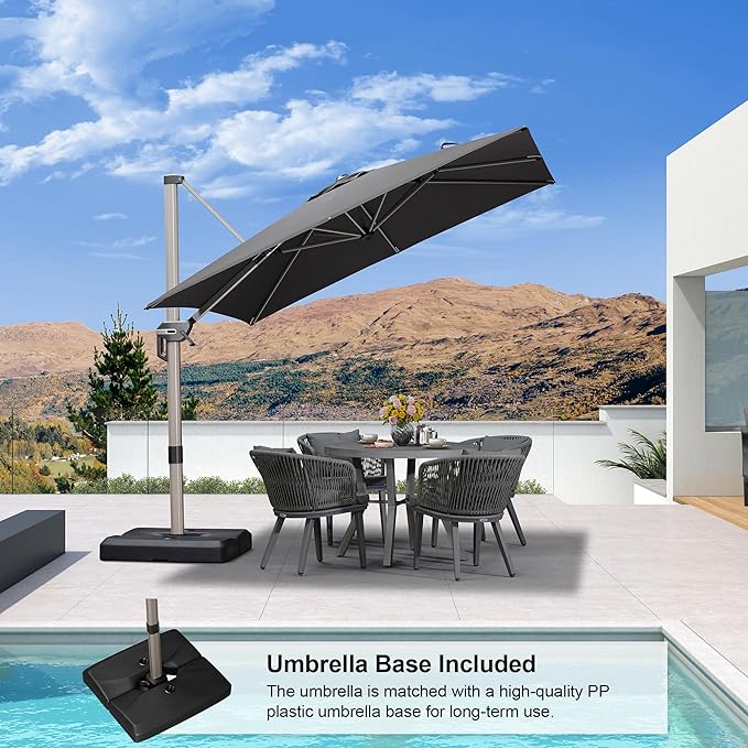 PURPLE LEAF Patio Umbrella with Base Included, 8ft Outdoor Aluminum Cantilever Umbrella with 360° Rotation, Champagne Offset Umbrella for Outdoor Garden Pool, Grey