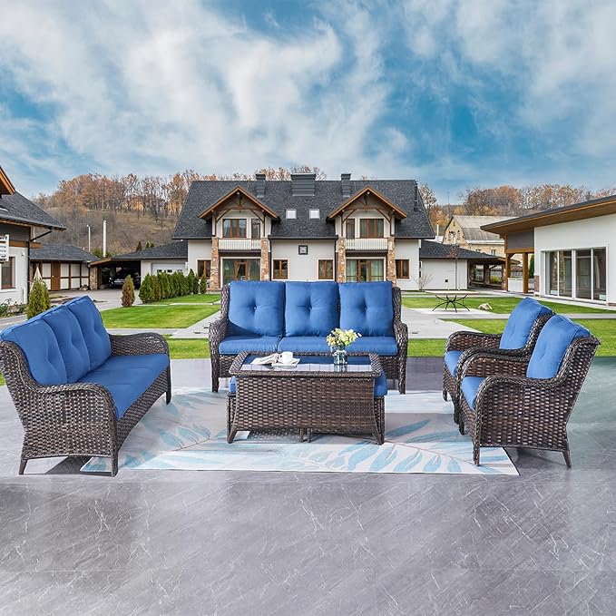 Rilyson Wicker Patio Furniture Sofa Set - 7 Piece Rattan Outdoor Patio Sectional Conversation Sets with 2 Sofa,2 Armrest Chairs,1 Coffee Table and 2 Ottomans for Porch Deck Garden(Brown/Blue)