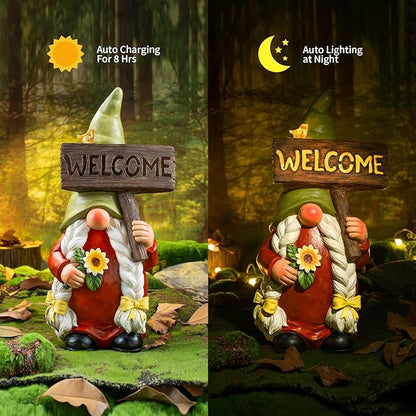 22" Solar Large Gnome Lady Garden Statue Big Female Gnome with Welcome Sign Outdoor Decor with LED Lights Home Porch Yard Patio Lawn Ornament Christmas Housewarming Gardening Gift