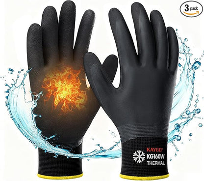 KAYGO Winter Waterproof Work Gloves for Men and Women, 3 Pairs Thermal Insulated Freezer Rubber Coated Gloves,Super Grip,KG160, L, Black