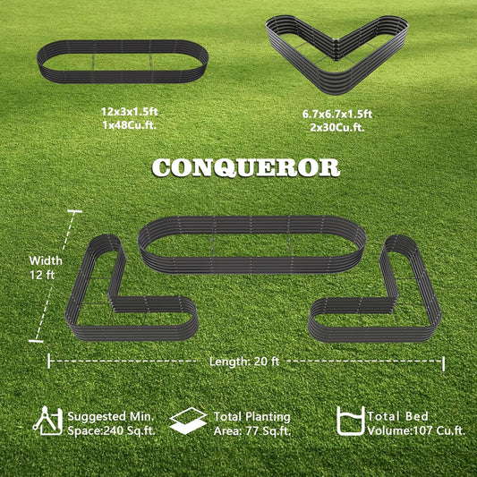 A ANLEOLIFE 3-Pack 12X3X1.5ft & 81x81x18 in Deep Root Galvanized Raised Garden Beds Outdoor for Planting Vegetables Flowers Herb, Quartz Grey