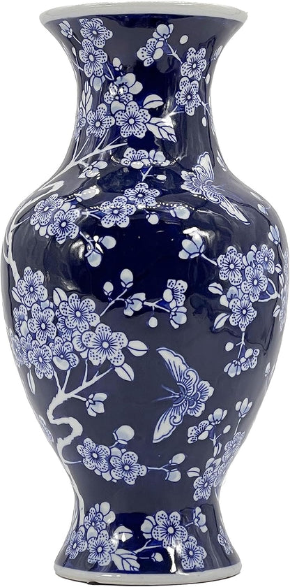 Galt International Dark Blue Floral Chinoiserie Ceramic Vase 14"- Hand Painted Antique Style Porcelain Butterfly & Flower Bottle Fishtail Porcelain Chinese Vase for Home Decor Centerpiece