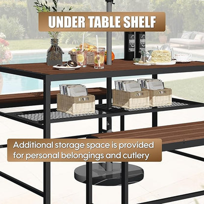 55'' Outdoor Picnic Table and Bench Set with 2" Umbrella Hole and Storage Shelf, Patio Dining Set for 6 People, Outdoor Dining Table and Chair for Garden Yard Porch- Brown